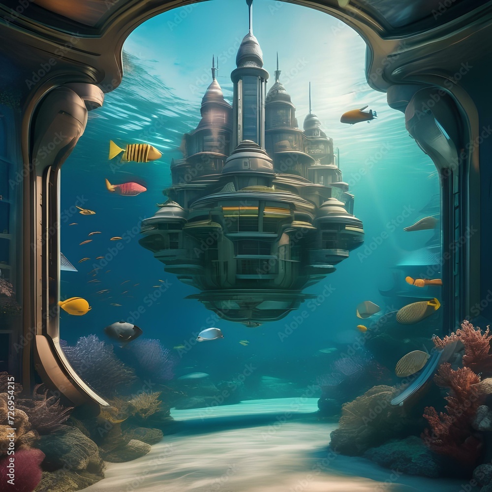 Surreal underwater city with futuristic architecture and marine life1