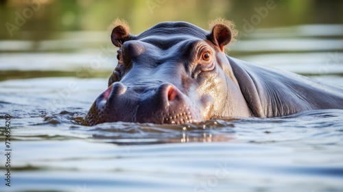 Close-up of a hippopotamus in the water against the background of a green forest. Wildlife, safari, animal concepts.
