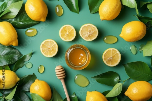 honey and lemon on a green background, top view. flat layout, copy space. photo