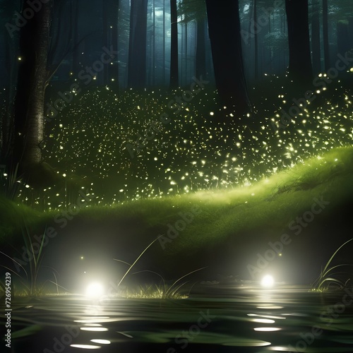 Glowing fireflies creating a magical atmosphere in a dark forest1 photo