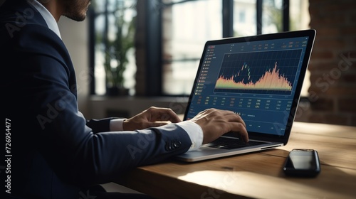 Focused businessman analyzing financial data on laptop: stock market, investment, digital strategy © Ashi