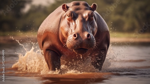 A hippopotamus in the water against the background of a green forest. Wildlife  safari  animal concepts.