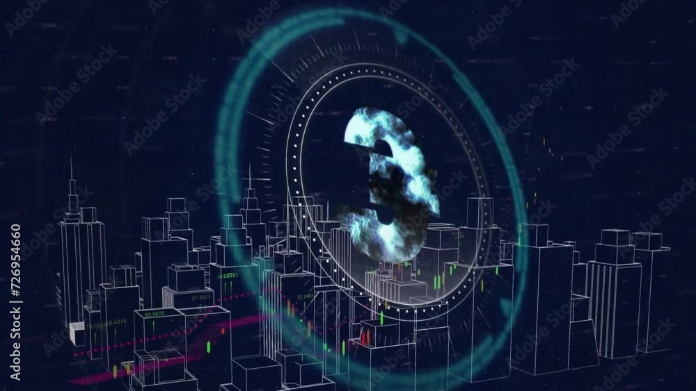Animation of cityscape and euro currency symbol over black background Animation of cityscape and euro currency symbol over black background