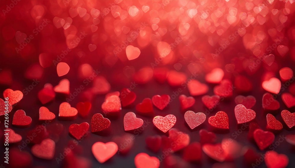 Red background with small hearts bokeh. Winter love holiday. Valentine's Day