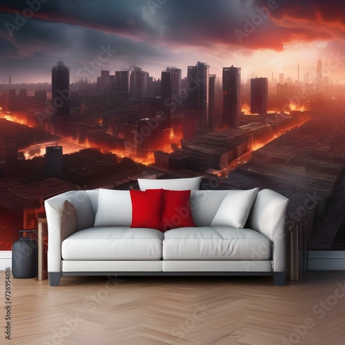 Apocalyptic cityscape with crumbling buildings and a fiery red sky5 photo