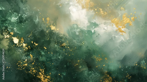 Green and Gold Abstract Watercolor Painting with Detailed Background Elements, Generative AI