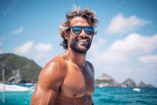 Portrait of a handsome young man with sunglasses on a tropical beach © Nerea
