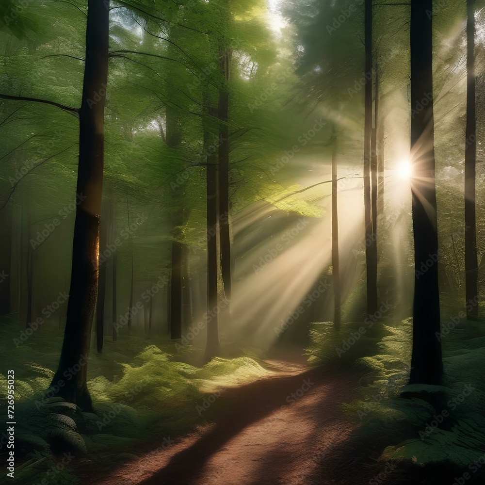 Mystical forest at dawn, with rays of sunlight piercing through dense foliage1