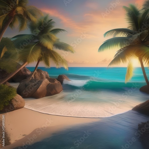 Tropical beach paradise with palm trees, turquoise water, and a colorful sunset2