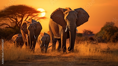 A herd of elephants strolls across the plain at sunset. Golden hour Safari, Africa nature, Wildlife. © liliyabatyrova