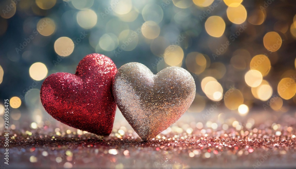 Golden and pink glitter hearts with bokeh background. Winter love holiday. Valentine's Day