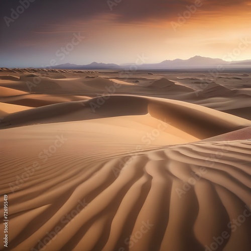 Surreal desert landscape with towering sand dunes and a lone oasis5