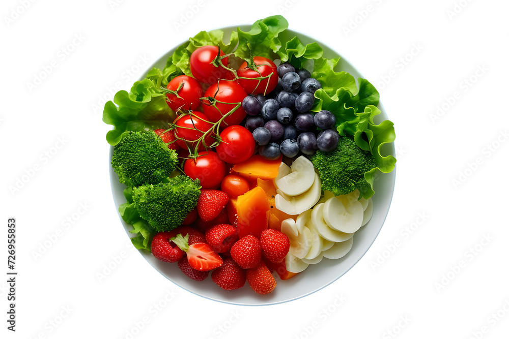 Fresh mixed fruits and vegetables salad on a round plate. Studio shot isolated on white background. Healthy eating and diet concept with copy space for design, menu, and recipe Fresh mixed fruits and vegetables salad on a round plate. Studio shot isolated on white background. Healthy eating and diet concept with copy space for design, menu, and recipe
