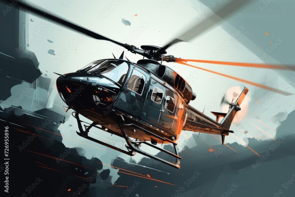 Black Helicopter Flying Through Cloudy Sky Black Helicopter Flying Through Cloudy Sky