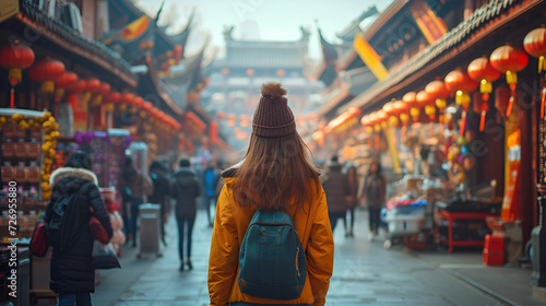 Food market street in Beijing, China, Woman tourist walking in chinatown on  Asian women traveler in china market. she is shopping and travel, generative Ai