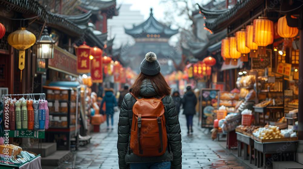 Food market street in Beijing, China, Woman tourist walking in chinatown on  Asian women traveler in china market. she is shopping and travel, generative Ai