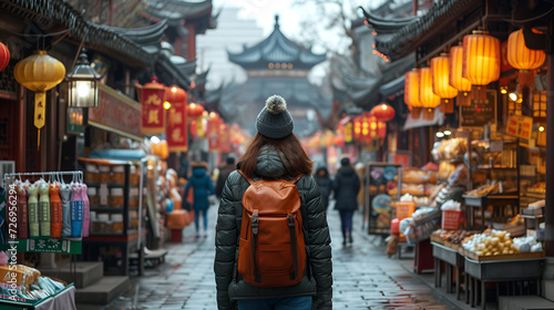 Food market street in Beijing, China, Woman tourist walking in chinatown on Asian women traveler in china market. she is shopping and travel, generative Ai