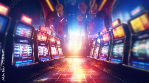 Slot machine screen with virtual visual effect. Blurred casino on background