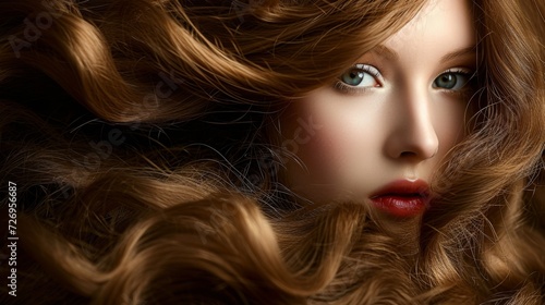 Young woman with long hair in fashion editorial style. Hair blowing in the wind. Trendy hair style