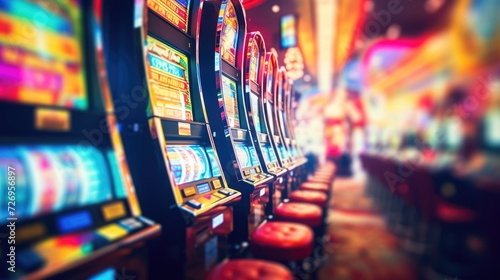 Slot machine screen with virtual visual effect. Blurred casino on background photo