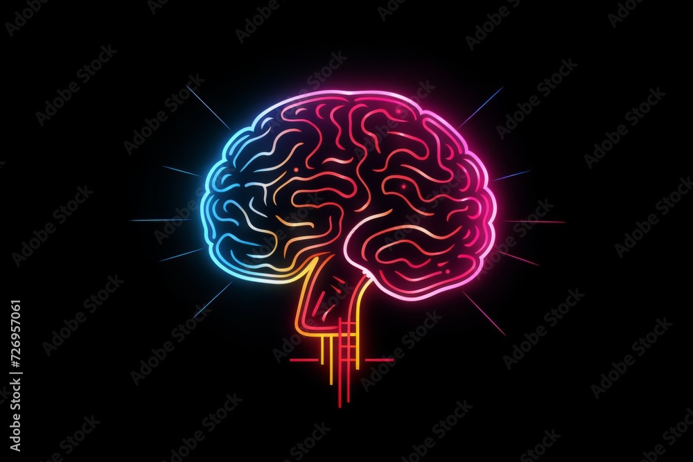 Vibrant Neon Brain on Black Background Vibrant Neon Brain on Black Background