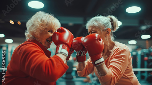 Two fit senior women boxing in gymhappy two senior. © kiatipol