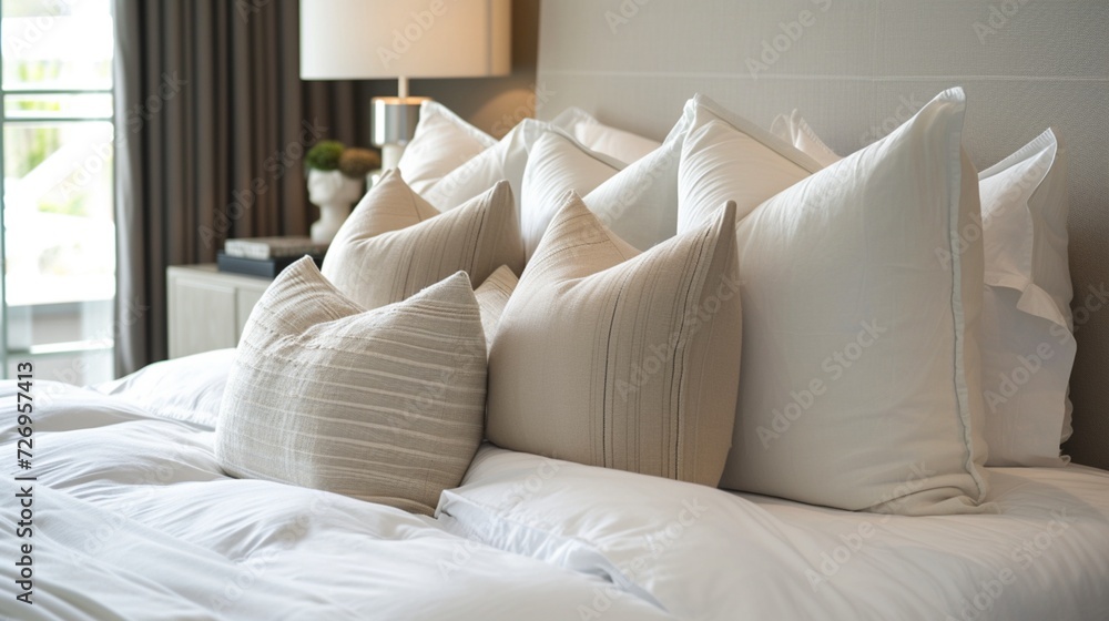 Revamp the design of a contemporary bedroom with a country interior aesthetic, featuring an arrangement of white and cream pillows on the bed Revamp the design of a contemporary bedroom with a country interior aesthetic, featuring an arrangement of white and cream pillows on the bed