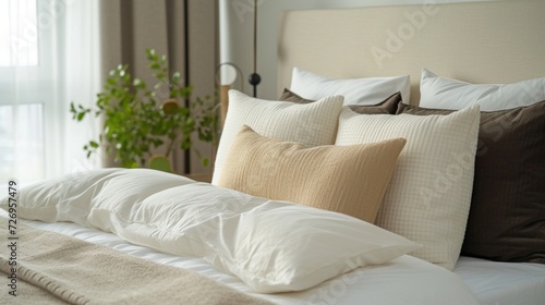 Revamp the design of a contemporary bedroom with a country interior aesthetic, featuring an arrangement of white and cream pillows on the bed