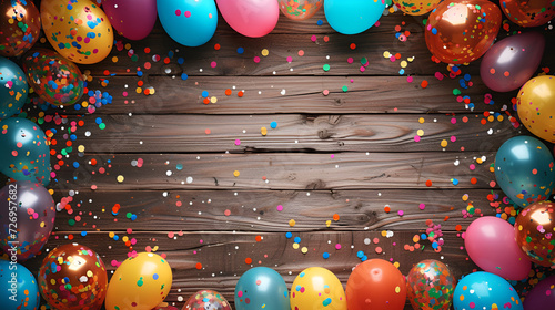 Bright colorful carnival or party frame of balloons, streamers and confetti on a wooden background, copy space, generative ai