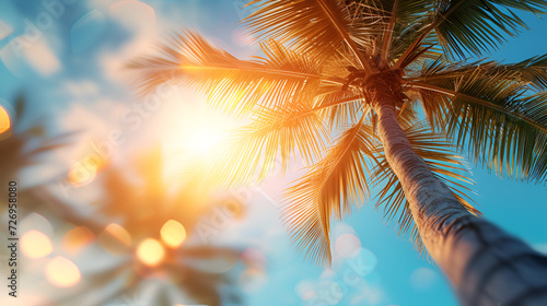 Copy space of tropical palm tree with sun light on sky background. generative ai © Saleem
