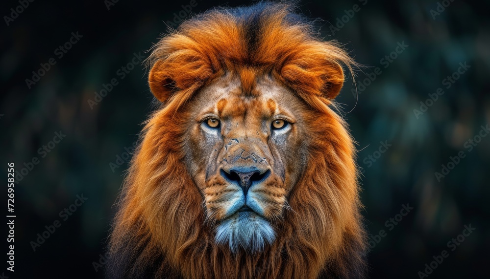 portrait of a male lion on a dark background