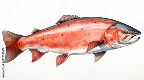 Watercolor red fish drawing on a white background. Underwater art
