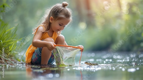 children playing outdoors Preschoolers catch frogs with colorful nets. little girl fishing in summer photo