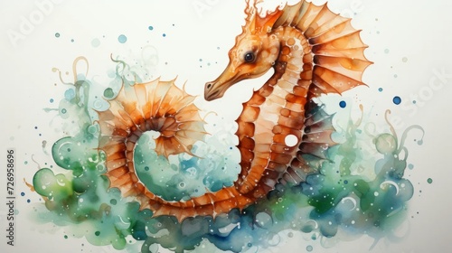 Watercolor sea horse drawing on a white background. Underwater art