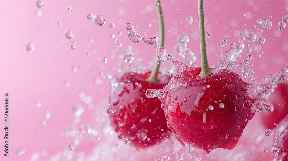 Luscious Cherries Pink Background, Generative AI Luscious Cherries Pink Background, Generative AI
