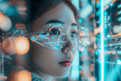 Young Woman Contemplating Futuristic Digital Interface. generative AI