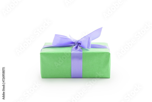 Green paper present box with violet ribbon bow isolated on white background