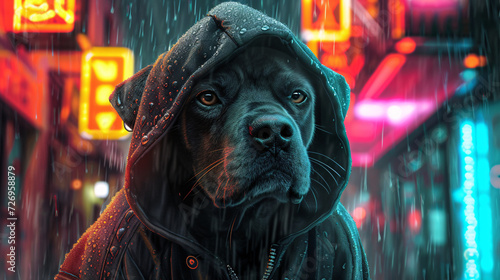 A Dog in a Hoodie through an Illustration, Placed in a Cyberpunk Environment.