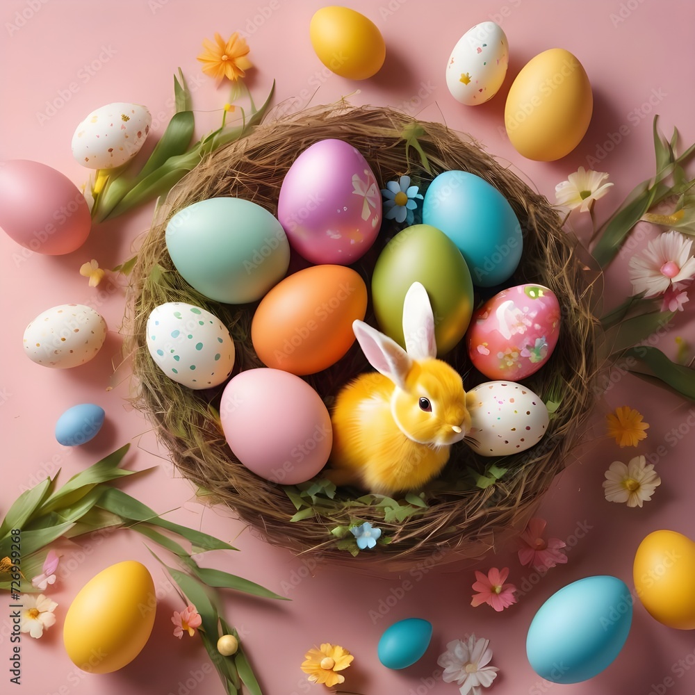 Easter poster background template with Easter eggs in the nest on light blue background. Greetings and presents for Easter Day