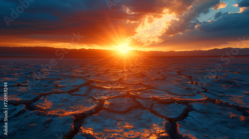 global warming. dramatic sunset over cracked earth, generative ai