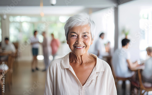 Portrait of senior person in office. Portrait of a beautiful smiling elderly woman against the background of white dining room