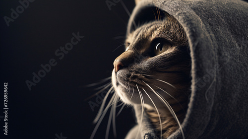 Illustration featuring a Cat Wearing a Hoodie, Placed on a Copy Space Background.