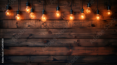 Empty dark wooden background with light bulb, generative ai