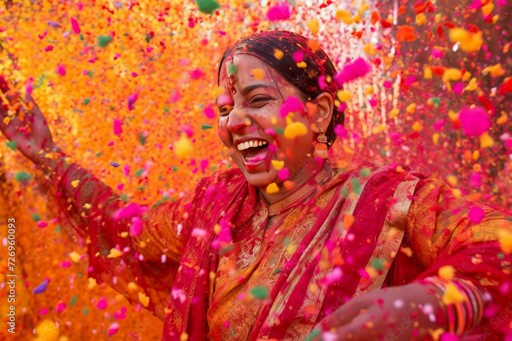 Joyful people celebrating Holi festival with vibrant colored powders on their faces and hands.