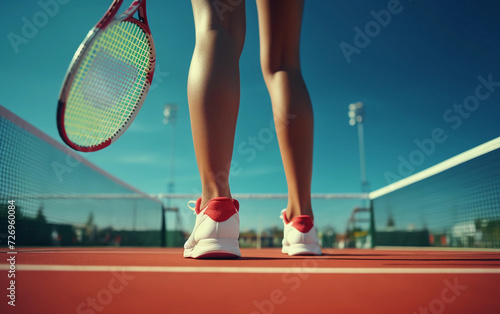 Female legs in a short skirt on the tennis court with professional red racket © Oksana