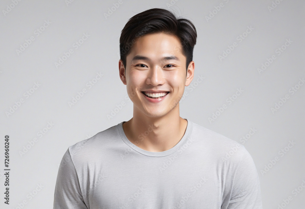 Radiant and cheerful Asian young man showcasing a warm smile against a clean, white background - obrazy, fototapety, plakaty 