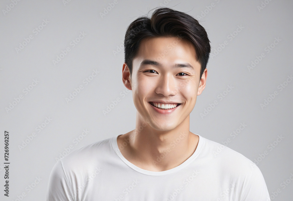 Radiant and cheerful Asian young man showcasing a warm smile against a clean, white background Radiant and cheerful Asian young man showcasing a warm smile against a clean, white background
