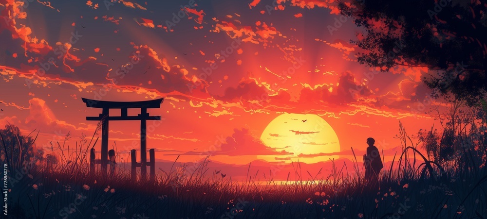 Fototapeta premium Tranquil anime-style scene with a lone figure under a torii gate, admiring a dramatic sunset with birds in flight over a serene ocean, painted in warm, vibrant hues.