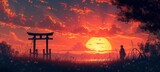 Tranquil anime-style scene with a lone figure under a torii gate, admiring a dramatic sunset with birds in flight over a serene ocean, painted in warm, vibrant hues.