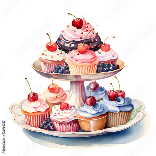 cake and cupcake with cherry cream and strawberry on white background.